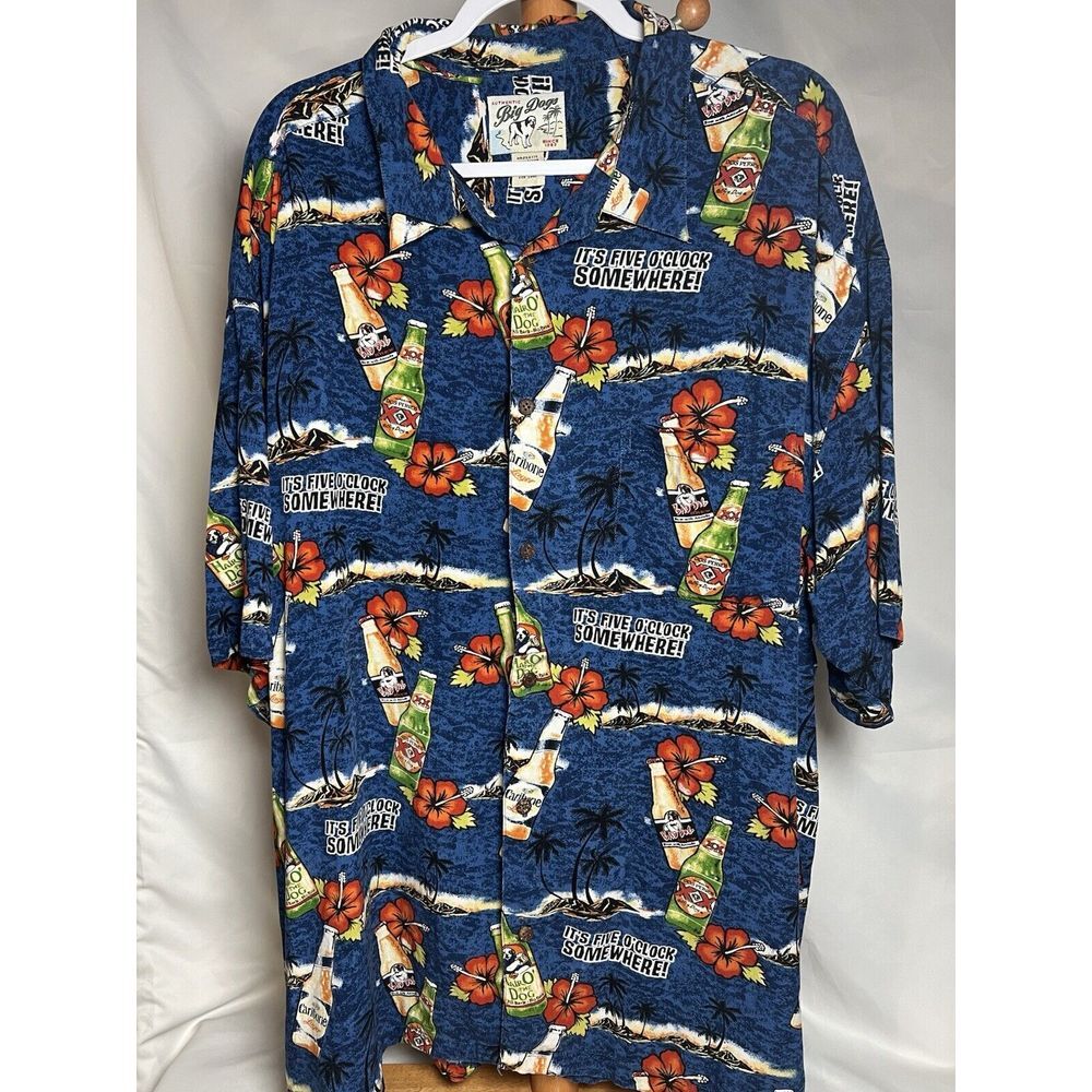 BIG DOGS 3X Rayon 5:00 O'Clock Somewhere Hawaiian Shirt Beer Hibiscus Bad Dog‎